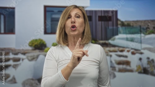 Woman finger to lips for silence in building entrance with serious gaze; secrecy privacy calm quiet.