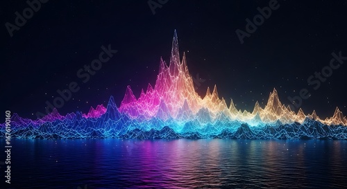 Vibrant abstract mountain landscape reflecting multicolored lights on water at night