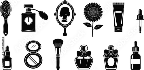 Beauty and personal care silhouettes with grooming tools, perfume bottles, and cosmetics vector illustration for fashion, spa, wellness, and product design projects
