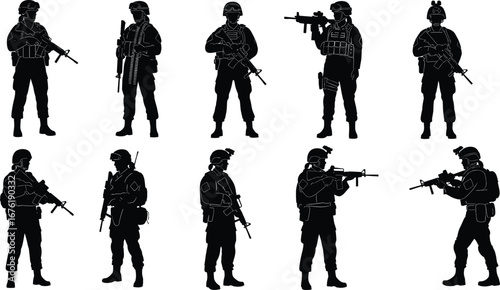 Armed soldier silhouettes in combat poses with rifles, military gear vector illustration for defense, tactical, war, and security design projects