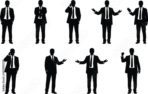 Businessmen silhouettes in suits and ties with varied gestures, professional corporate attire vector illustration for office, communication, and business projects