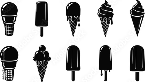 Ice cream cones and popsicles in assorted styles, chocolate dipped and soft‑serve vector illustration for dessert, menu, packaging, and summer projects