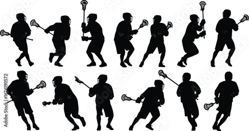 Lacrosse player silhouettes in dynamic action poses, running, passing, shooting, defending vector illustration for sports design, training, and athletic projects
