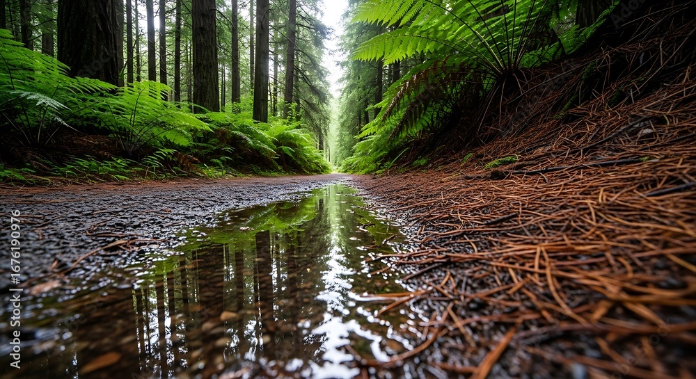 Obraz premium Sunlit forest stream reflecting lush green trees and rocky bed serene nature beauty