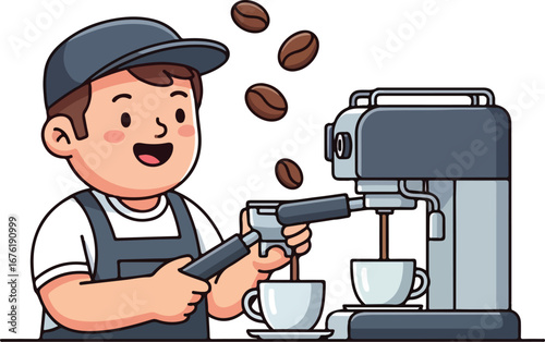 A smiling barista making coffee, pouring espresso into a white cup with floating beans.