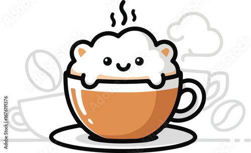 Adorable cartoon cloud-shaped foam in a steaming cup of coffee.