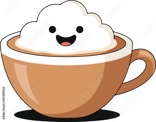 A cartoon coffee cup with a smiling face and whipped cream topping.