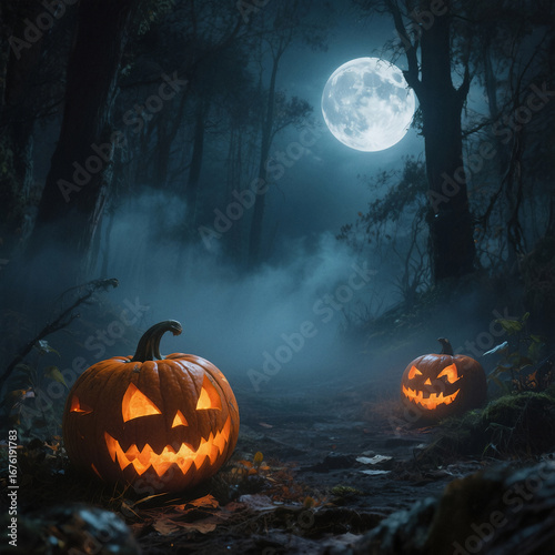 Foggy dark forest with Halloween pumpkins and bright full moon in the night sky