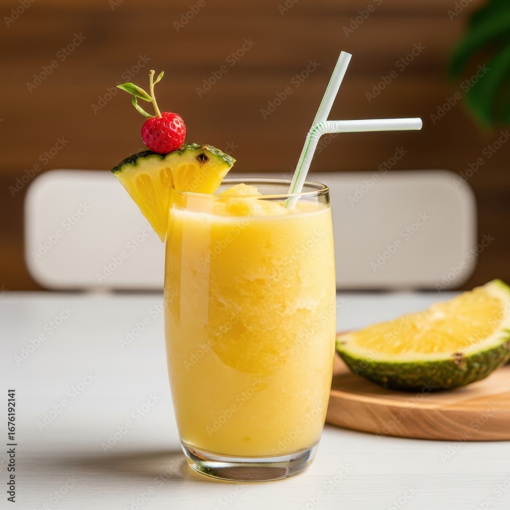 Fototapeta premium Pineapple smoothie with a straw isolated on white background