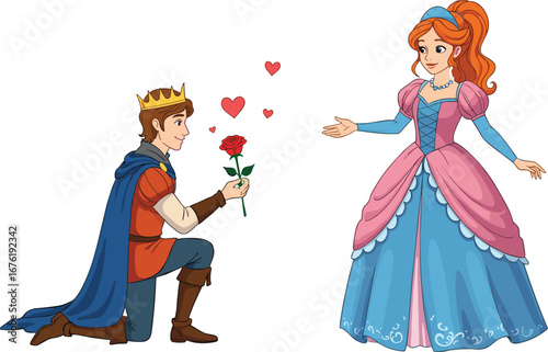 Romantic prince proposing with rose to princess, fairy tale scene, cartoon couple in love, royal outfit, fantasy romance vector