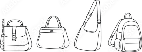 Set of fashion bag sketches, handbag, shoulder bag, backpack vector, minimal outline illustration, black and white accessory drawing collection