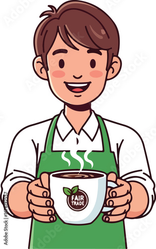 A smiling barista offers a steaming cup of coffee with a "Fair Trade" logo.