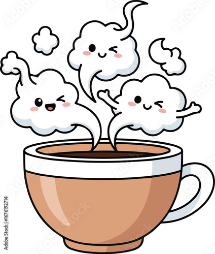 Cute cartoon clouds of steam rising from a warm cup of coffee.
