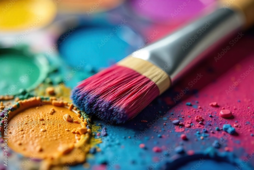 Fototapeta premium Close-up of a paintbrush resting on a vibrant, colorful palette, ready for the next stroke of artistic creation The scene evokes creativity and artistic expression , aesthetic, inspiration