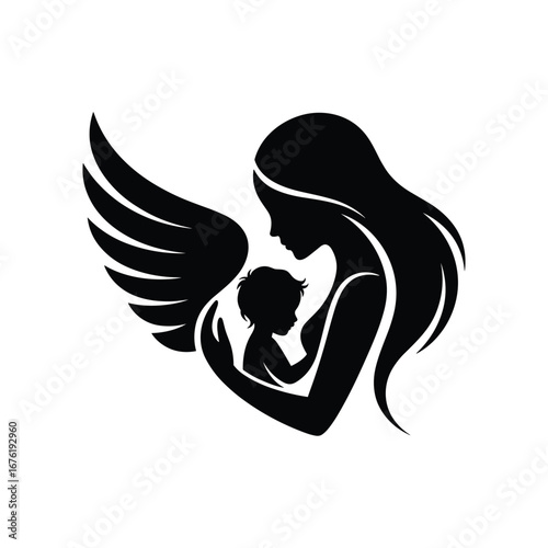 Mother Holding Baby With Angel Wings Silhouette child infant