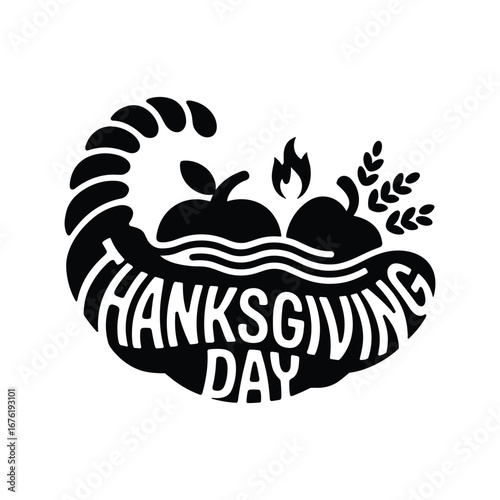 Thanksgiving Cornucopia with Apples and Flame Text horn of plenty harvest