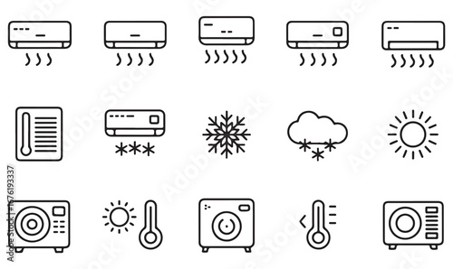 Minimal line icons collection of HVAC, cooling, heating, fan, snowflake, humidity, and temperature regulation for technology and energy design