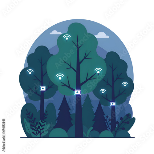 Stylized twilight forest with Wi-Fi enabled camera devices on trees