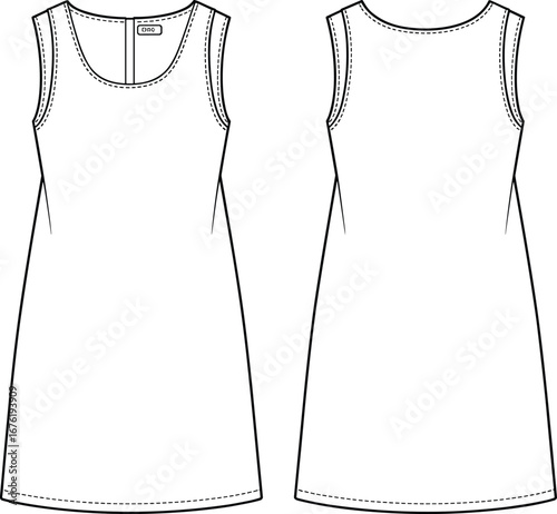 Sleeveless A-line dress flat sketch, scoop neck, back zipper, clean silhouette, technical fashion drawing vector for clothing design