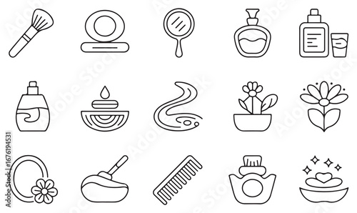 Vector line icons pack of beauty, soap, shampoo, skincare, flowers, cosmetics, and hygiene tools for spa, salon, and self care design