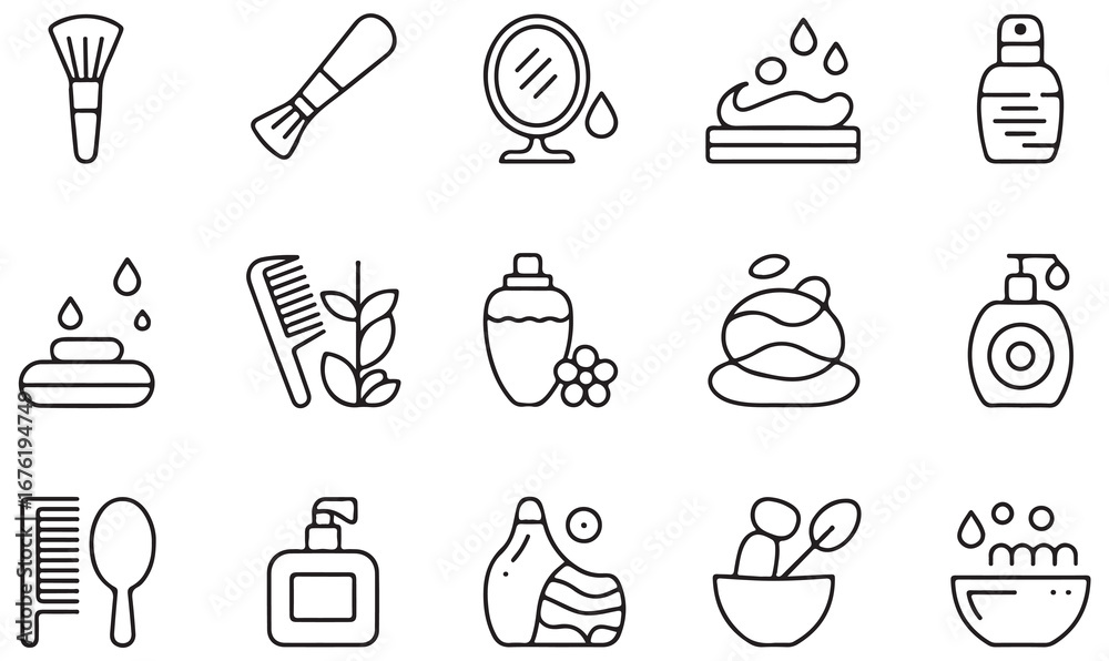 Fototapeta premium Outline vector icons collection of cosmetics, personal care, skincare products, soap, and floral wellness elements for beauty concepts