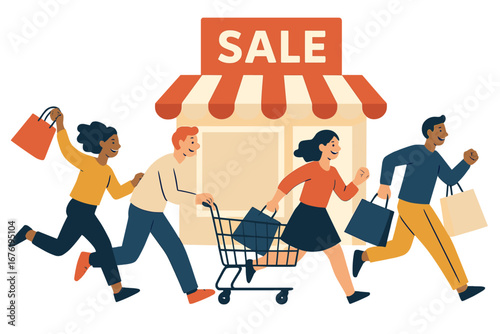 Joyful shoppers dash toward a store sale, depicted in a flat vector illustration featuring diverse men and women with carts and bags, embodying a Black Friday discount concept