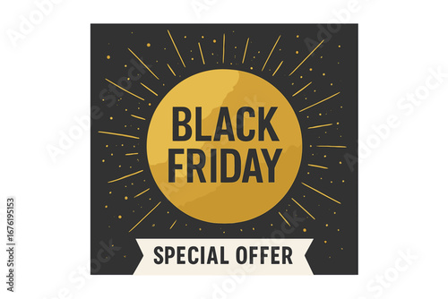 Design a Black Friday sale banner: a vector illustration featuring a black paper lettering sign with glitter on a geometric circle backdrop, accented by golden confetti particles, suitable for an