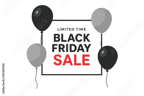 Vector illustration of a Black Friday sale poster featuring shiny balloons on a white background within a square frame