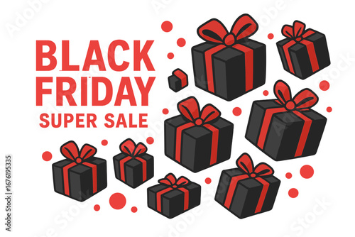 Black Friday Super Sale featuring realistic black gift boxes, a falling box overflowing with decorative festive balls, red lettering, New Year and Christmas designs, an Xmas background, all rendered