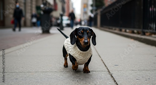 A stylish dachshund dog in a sweater enjoys a walk on a city street.