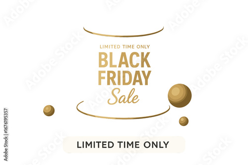 A realistic black and gold 3D cylindrical pedestal stands in an abstract room with bead-like spheres, creating a minimal backdrop for a Black Friday sale mockup, product showcase, promotional