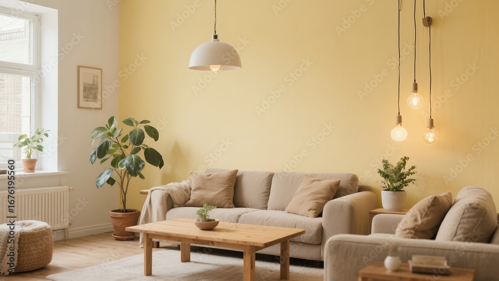 Naklejka premium Bright Cozy Living Room with Beige Sofa Potted Plants Natural Light Warm Interior