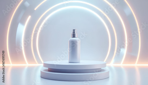 Skincare Bottle Mockup with Futuristic Neon Rings