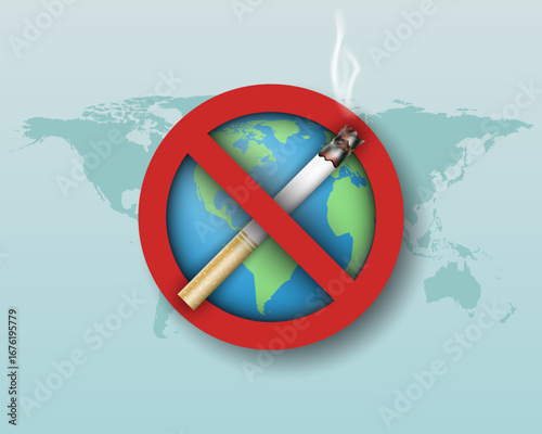 World no tobacco day. A cigarette against the background of the planet earth in crossed out red circle. vector illustration