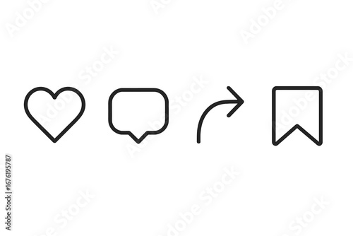 A minimalist flat icon set for Instagram UI, offering editable vector EPS icons for like, comment, share, and save, designed for both mobile and web applications
