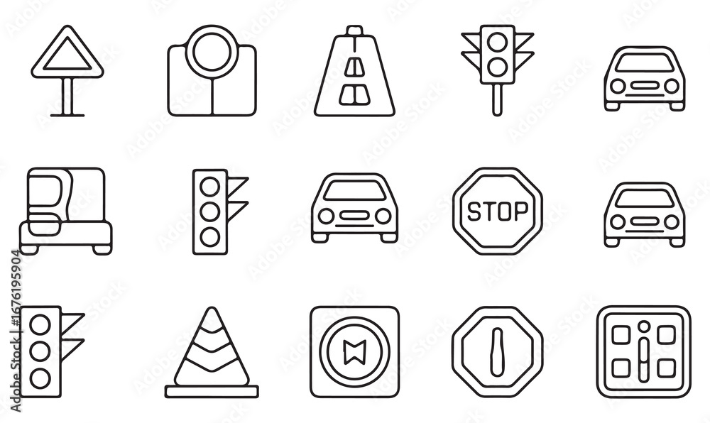Fototapeta premium Outline Road Icon Collection – Vehicles, Directional Signs, Street Safety, Stoplights, and Driving Symbols for City and Travel Projects
