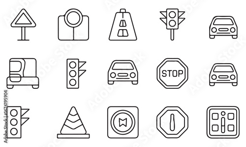 Outline Road Icon Collection – Vehicles, Directional Signs, Street Safety, Stoplights, and Driving Symbols for City and Travel Projects