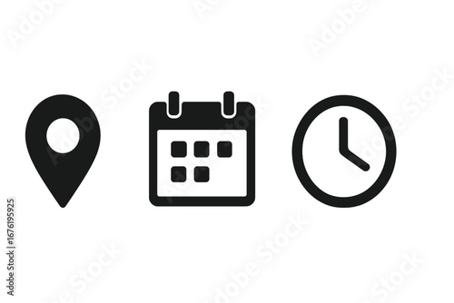 Flat monochrome vector icon pack for apps and websites, featuring minimalist black symbols for location (map pin), date (calendar), and time (clock) in a flat style