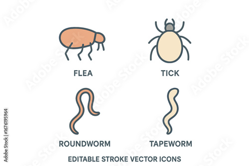 Simple editable vector line icons of pet parasites for veterinary apps, animal health infographics, and hygiene designs
