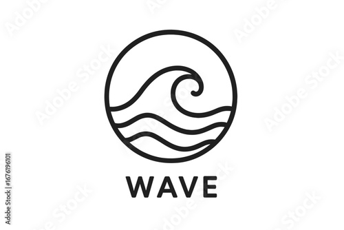 Minimalist vector line art of sea waves, featuring a round ocean icon, symbolic alphabet, and water design concept