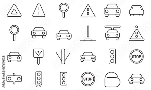 Line Icons of Traffic and Road Safety – Cars, Stop Signs, Warning Symbols, Traffic Lights, and Navigation Elements for Transportation Design