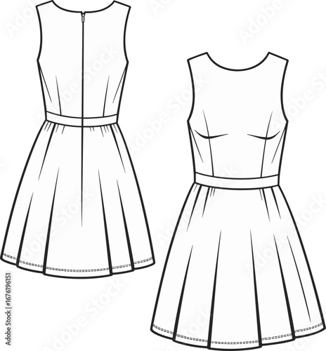 Sleeveless fitted dress flat sketch with waistband, pleated skirt, front darts, back zipper, technical fashion vector illustration drawing design