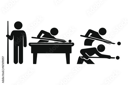 Flat black minimalist vector icons of stick‑figure pool players on a transparent background, ideal for sports apps, bar signage, and game‑night designs, offered as clean silhouettes in EPS and