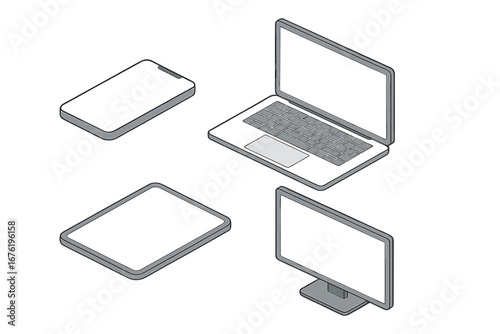 Vector minimalist 3D isometric illustration set of devices—smartphone, laptop, tablet, and TV—displayed in side, top, and axonometric views with a generic mockup
