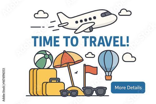 A summer travel‑themed vector banner featuring travel‑time text, an airplane, luggage, and floating elements, designed for website booking ads promoting travel tours