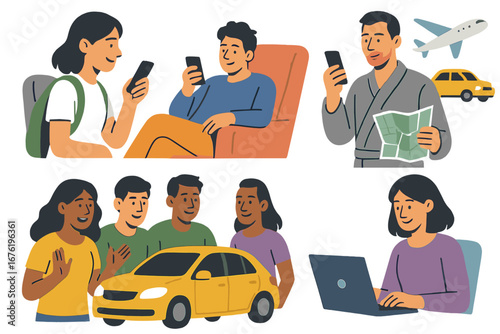 A travel and tourism concept collection showing tourists reserving accommodation, buying tickets, mapping routes and itineraries, and using online services, rendered as flat vector illustrations on a