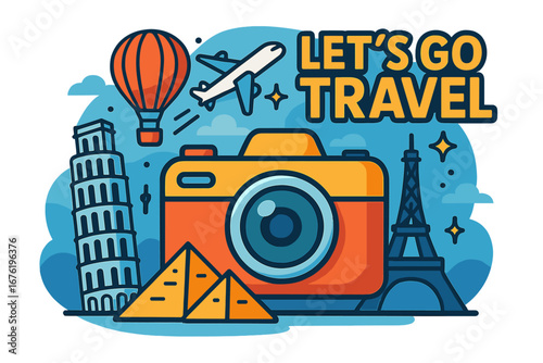 Global travel vector artwork featuring 3D camera text, tourist landmarks, and destination country icons for international tours