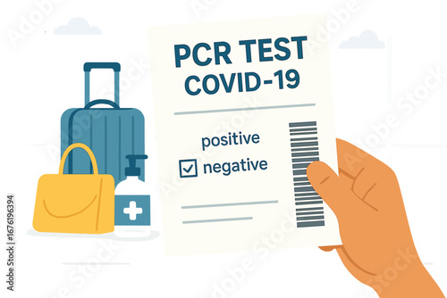 A traveler waits in an airport lounge for departure after receiving a negative PCR Covid‑19 test, with luggage and a plane taking off visible in the background, illustrating the new normal of