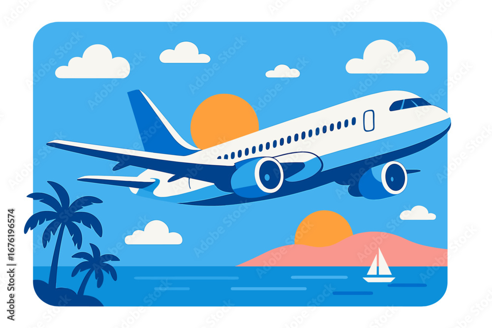 Fototapeta premium A summer travel concept illustration featuring a tropical beach with a palm leaf, panoramic scenery, a soaring plane, and an abstract background with copy space, rendered in vector style