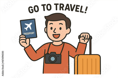 A cheerful man walks casually with a travel bag, clutching his passport and tickets, rendered in a hand‑drawn vector illustration style